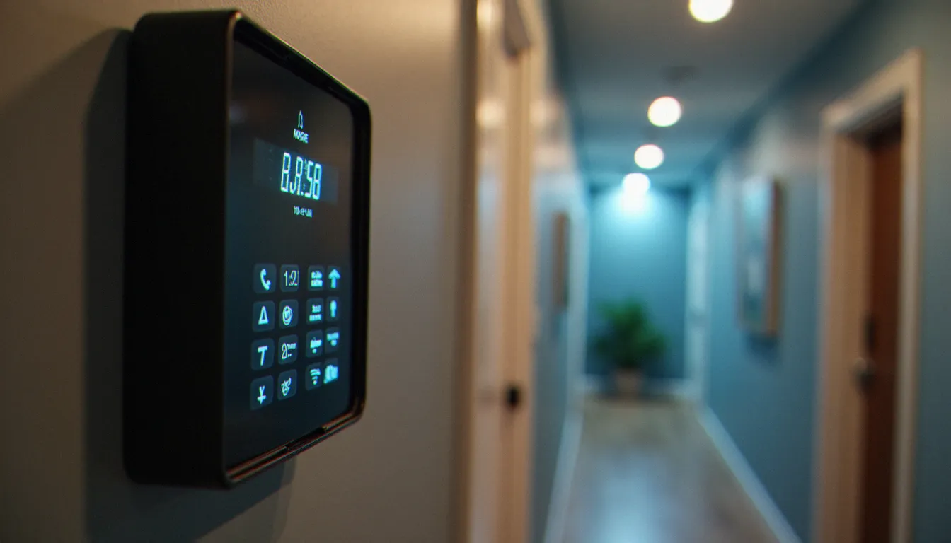 Centrale d'alarme anti-intrusion certifiée grade 2 installée dans un couloir d'appartement, avec détecteur de mouvement infrarouge visible en arrière-plan