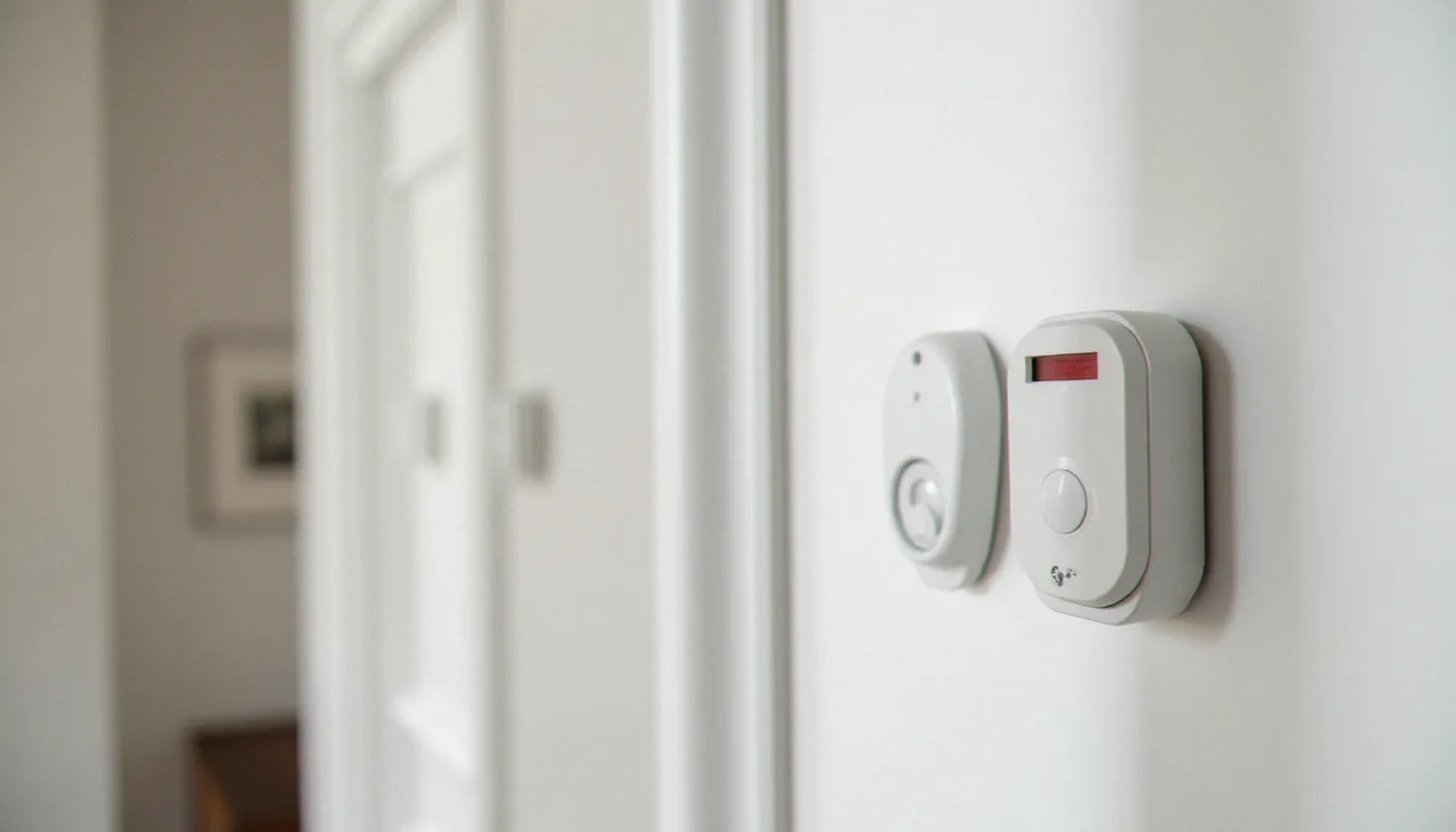 Gros plan sur plusieurs capteurs de détection d'intrusion installés sur un cadre de porte d'appartement : contact magnétique, PIR et détecteur de bris de vitre