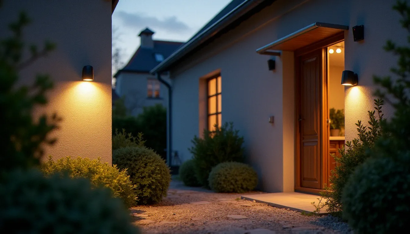 Vue extérieure d'une maison française au crépuscule montrant une caméra de surveillance, un éclairage à détection de mouvement et une porte blindée à serrure multipoints, illustrant la défense en profondeur d'un système anti-intrusion