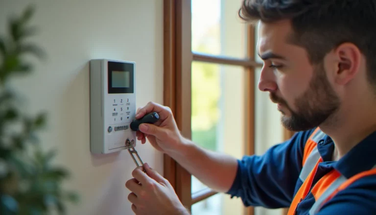 Serrurier professionnel installant une centrale d'alarme anti-intrusion sans fil dans un domicile résidentiel, illustration d'un intrusion protection system en cours de mise en place