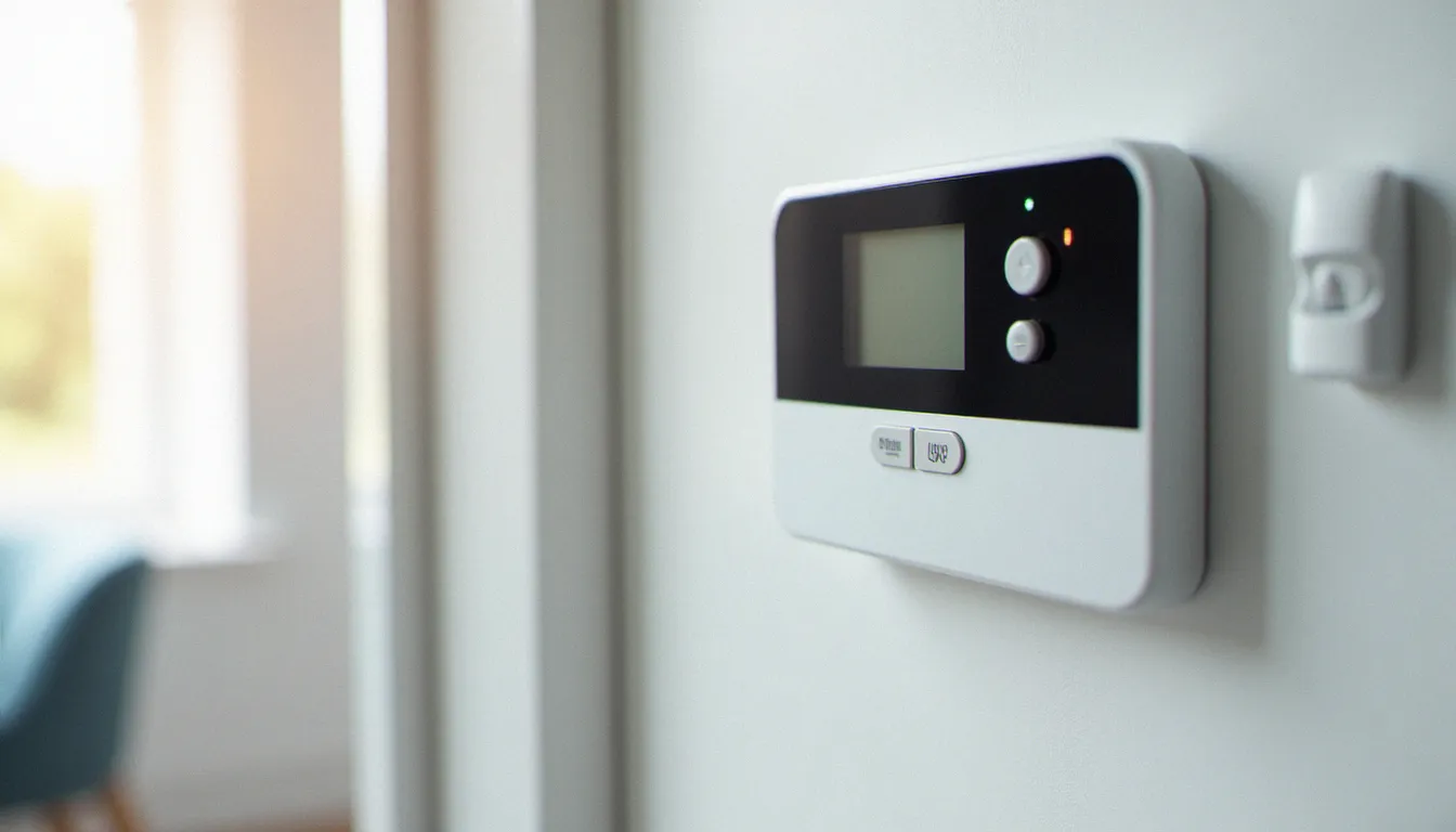 Centrale d'alarme sans fil professionnelle avec détecteur de mouvement infrarouge, composants d'un système intrusion protection systems inc installé dans un logement résidentiel