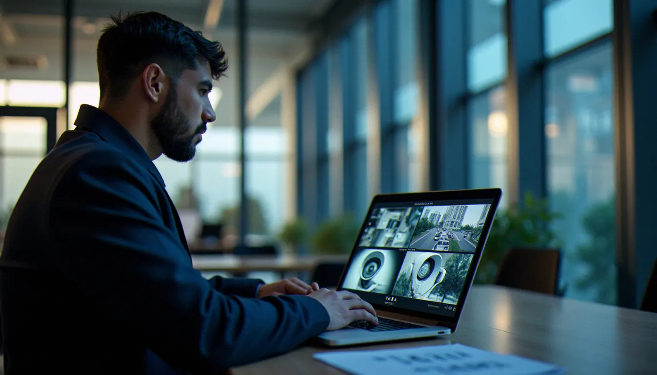 Technicien en sécurité configurant un système de vidéosurveillance IP connecté lors d'une installation professionnelle anti-intrusion dans un local commercial