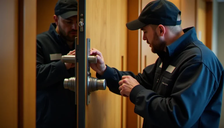 Serrurier professionnel examinant un système de verrouillage multipoints sur une porte blindée, illustrant la protection anti-intrusion professionnelle
