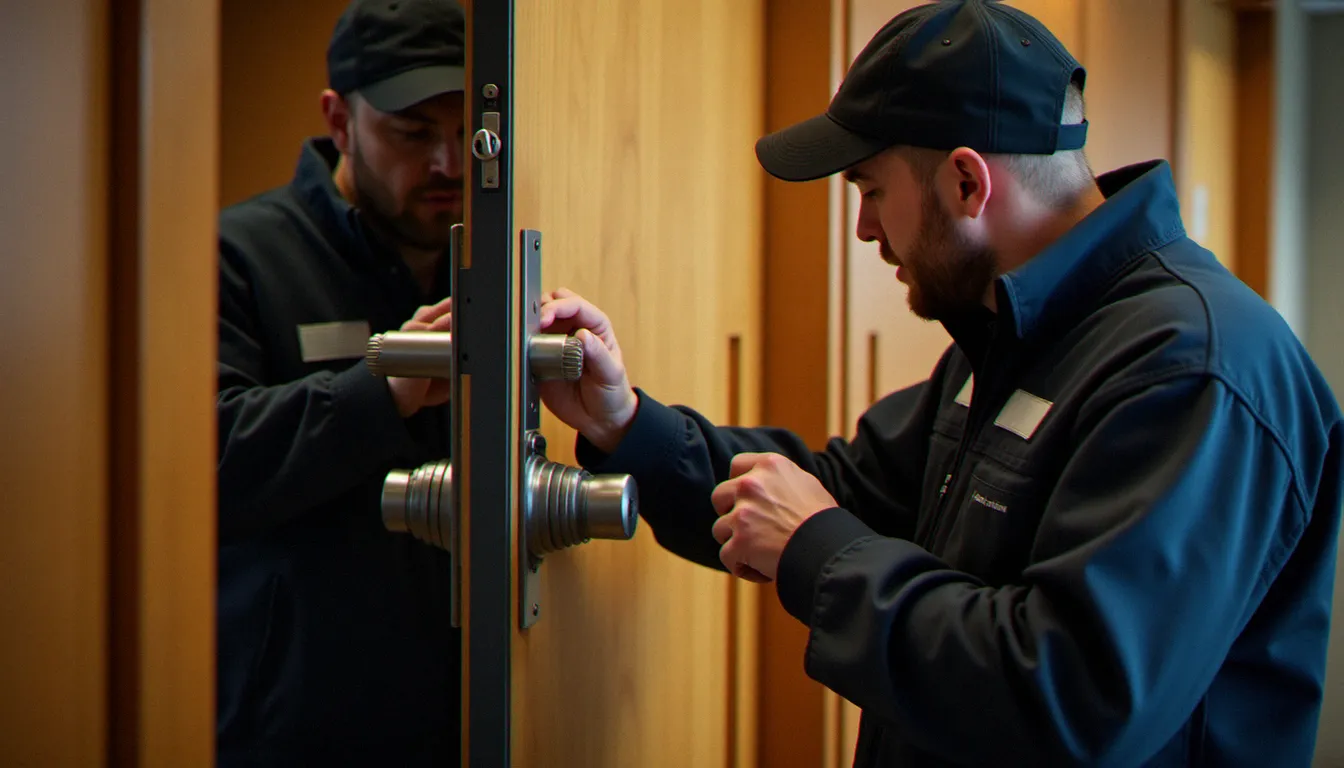 Serrurier professionnel examinant un système de verrouillage multipoints sur une porte blindée, illustrant la protection anti-intrusion professionnelle