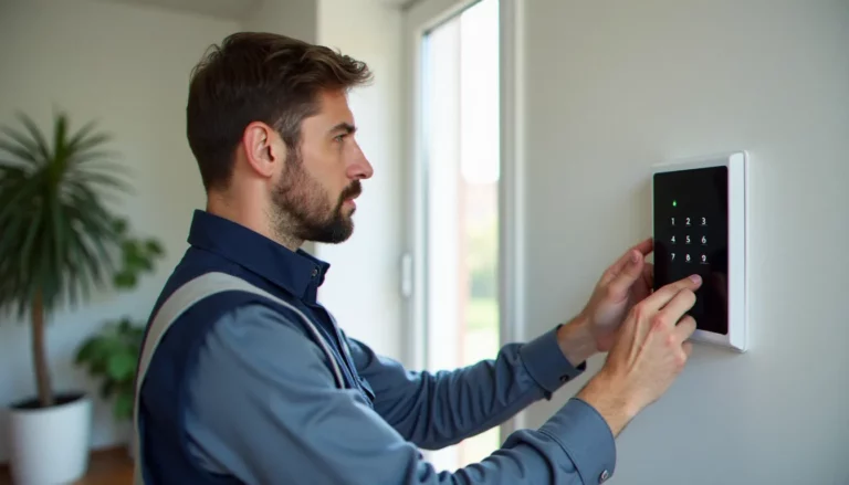 Système IPS de protection anti-intrusion avec centrale d'alarme numérique installée dans un couloir d'entrée de maison individuelle