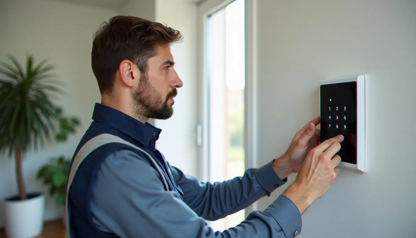 Système IPS de protection anti-intrusion avec centrale d'alarme numérique installée dans un couloir d'entrée de maison individuelle