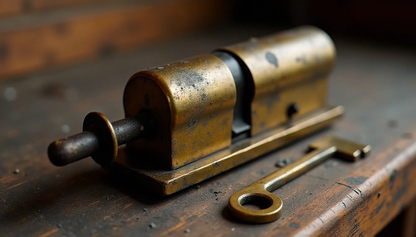 Ancienne serrure américaine du XIXe siècle avec clé plate en laiton posée sur un établi d'atelier, évoquant l'époque des premières inventions de Linus Yale Jr.