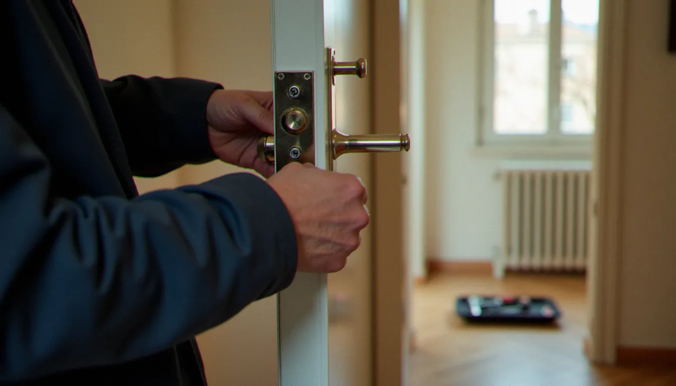 Serrurier en train de poser un cylindre de sécurité certifié A2P dans une porte blindée d'immeuble, illustrant l'évolution moderne du principe du cylindre à goupilles de Yale Jr.