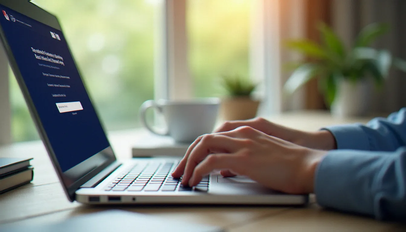 Mains tapant sur un ordinateur portable pour effectuer une démarche d'inscription au guichet unique des formalités d'entreprises artisanales
