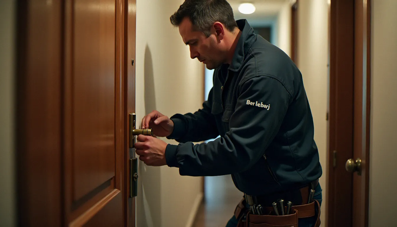 Serrurier professionnel inscrit au répertoire des métiers installant une serrure haute sécurité sur une porte d'appartement à Lyon