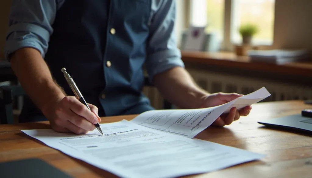 Artisan serrurier consultant son extrait d'inscription au livre des métiers, document officiel avec tampons administratifs posé sur un bureau en bois