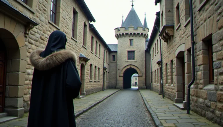 Reconstitution historique du Grand Châtelet de Paris, siège du prévôt de Paris au Moyen Âge, avec un officier royal en costume médiéval