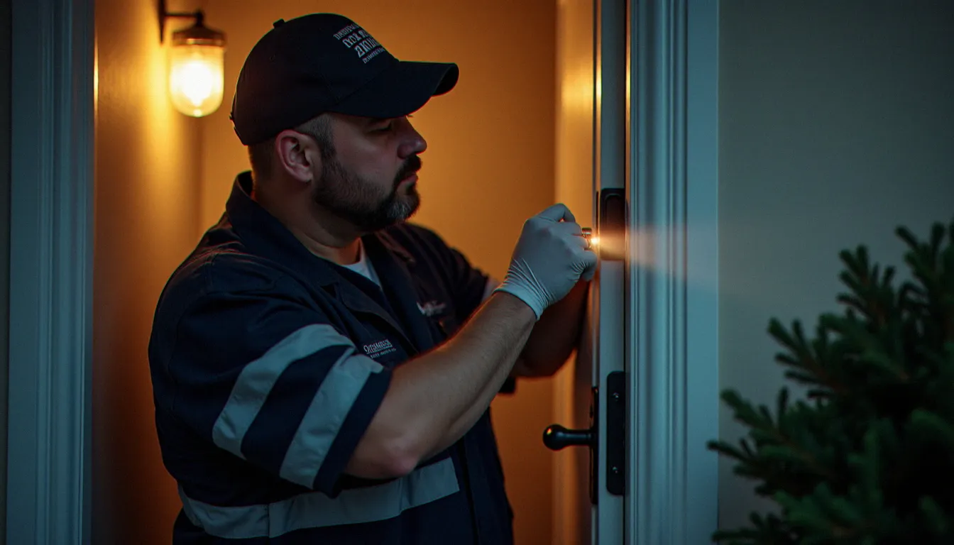 Serrurier professionnel effectuant un diagnostic de protection effraction sur une porte d'entrée résidentielle à Lyon