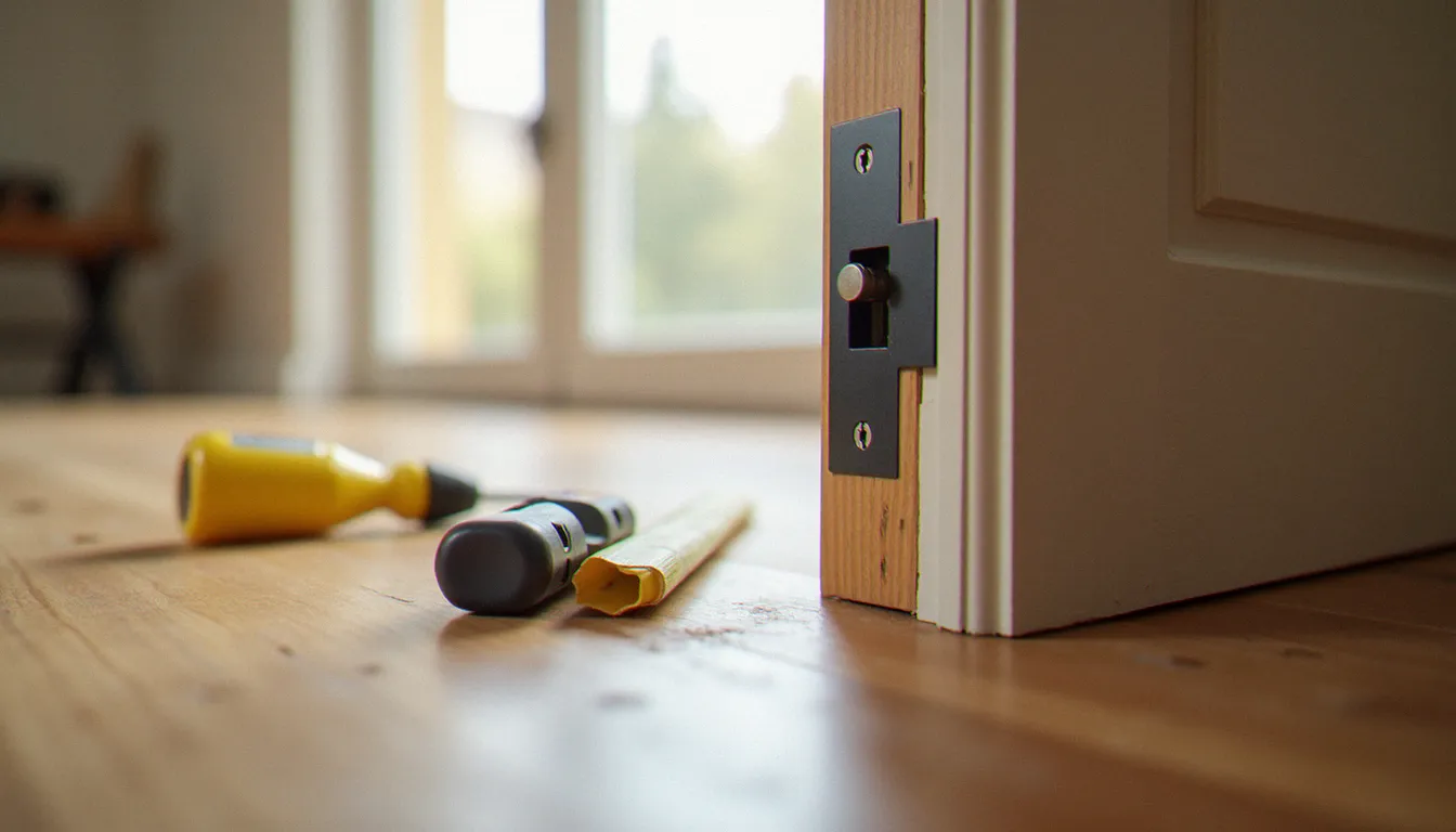 Gâche haute d'une serrure 3 points fraîchement installée sur un dormant de porte PVC, avec outils de pose visibles au premier plan