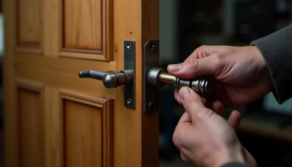 Serrurier installant une serrure 3 points sur une porte d'entrée en bois, avec les tiges métalliques engagées dans les gâches haute et basse