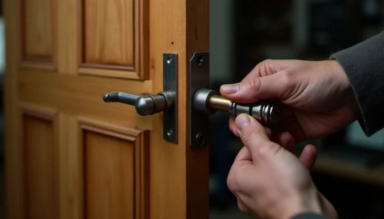 Serrurier installant une serrure 3 points sur une porte d'entrée en bois, avec les tiges métalliques engagées dans les gâches haute et basse
