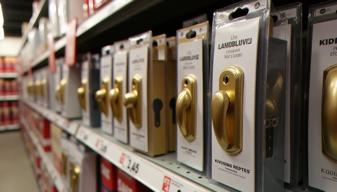 Rayon de grande surface bricolage avec plusieurs modèles de serrures 3 points encastrables en boîte, présentés par niveau de sécurité
