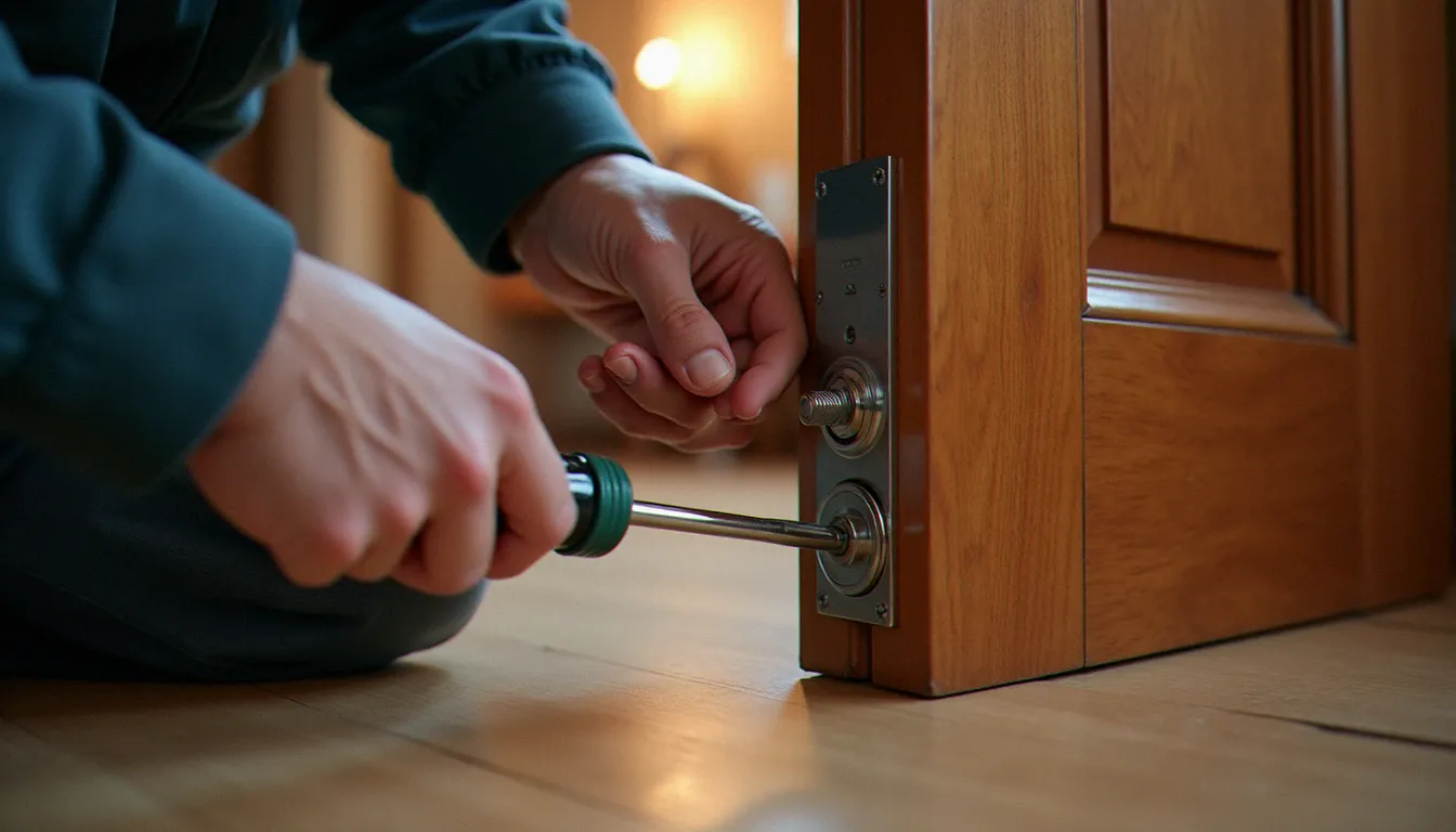 Serrurier réglant la gâche basse d'une serrure 3 points haut et bas sur le dormant d'une porte d'entrée en bois