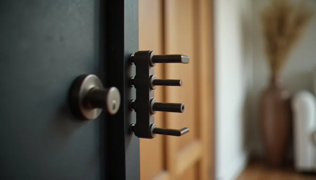 Mécanisme de serrure 3 points haut et bas sur une porte d'entrée blindée, avec les tringles de renvoi visibles dans le bâti