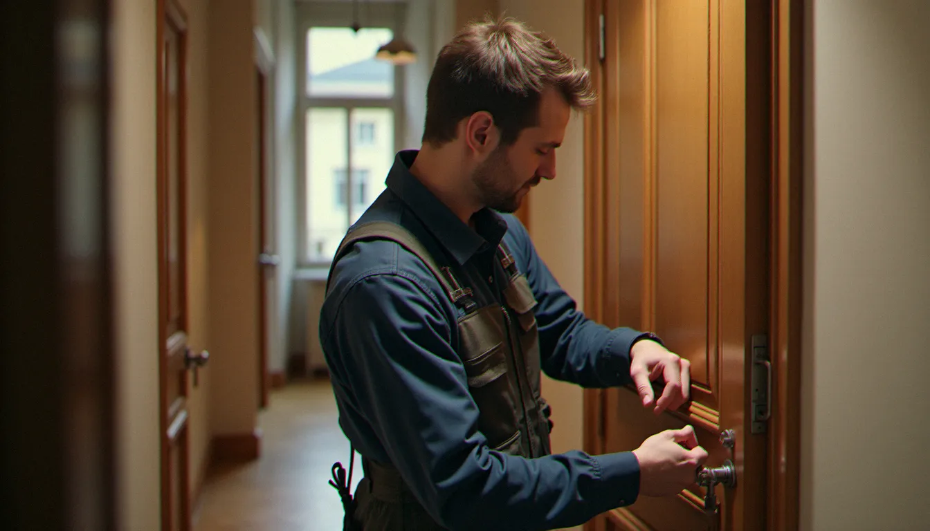 Serrurier professionnel en train d'installer une serrure 3 points sur une porte d'appartement dans un couloir résidentiel français