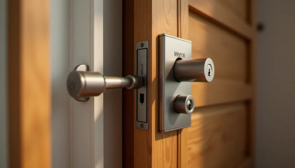 Serrure 3 points Héraclès installée sur une porte d'entrée en bois massif, vue rapprochée du corps de serrure avec les trois pênes visibles sur le chant de la porte