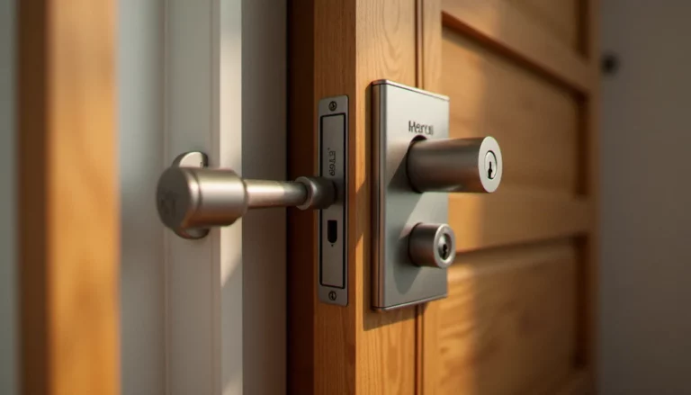 Serrure 3 points Héraclès installée sur une porte d'entrée en bois massif, vue rapprochée du corps de serrure avec les trois pênes visibles sur le chant de la porte