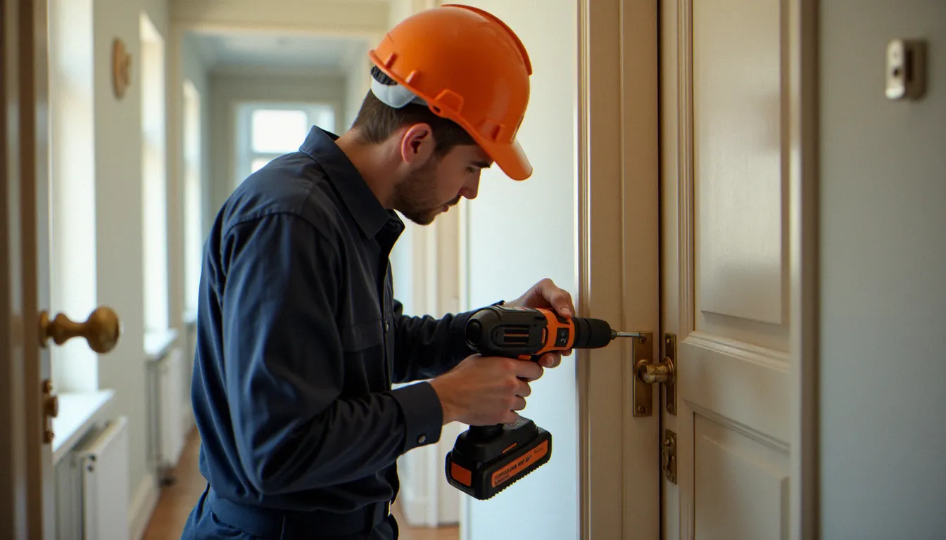 Serrurier professionnel en tenue de travail posant une serrure 3 points horizontale en applique sur une porte d'appartement en bois clair