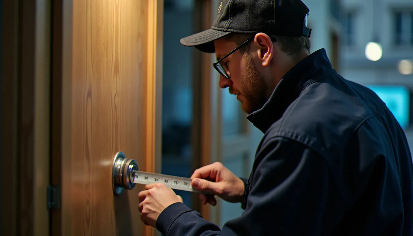Serrurier professionnel mesurant les dimensions d'une porte d'entrée avant installation d'une serrure 3 points