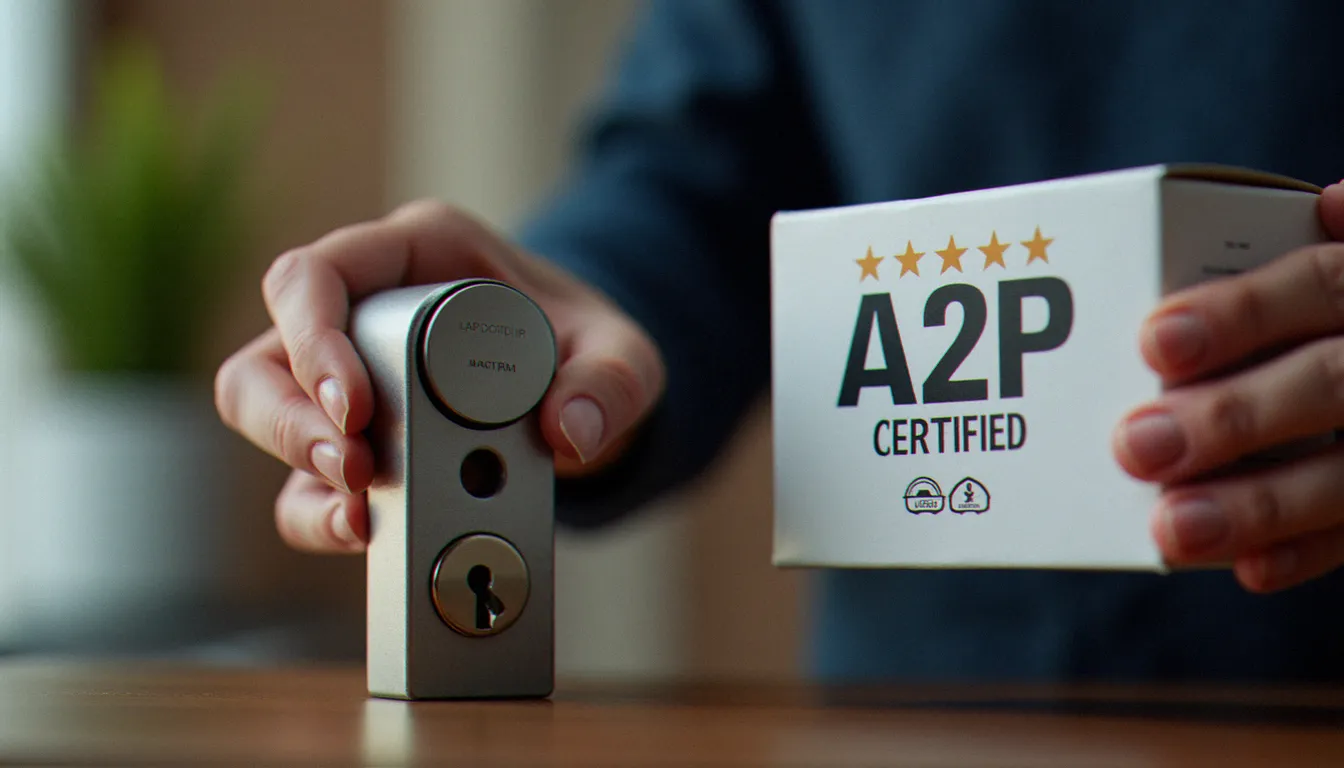 Mains d'un serrurier tenant un cylindre certifié A2P deux étoiles avec son emballage de certification visible