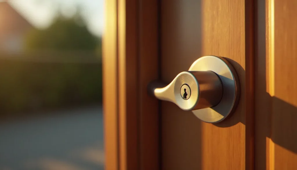 Gros plan sur une serrure à cylindre haute sécurité installée sur une porte d'entrée en bois massif, avec finition nickel brossé
