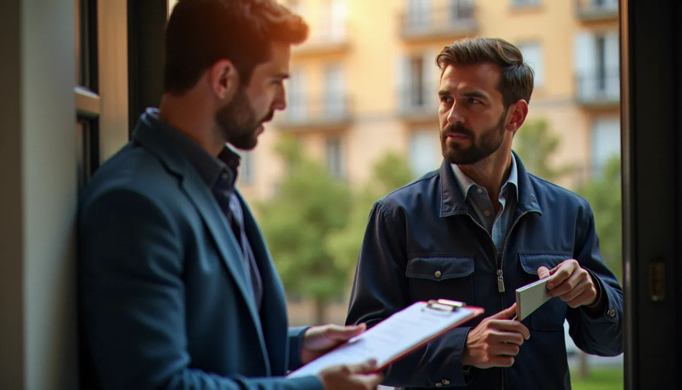 Serrurier professionnel présentant un devis écrit à un client lyonnais pour la pose d'une serrure connectée, illustration du coût d'une intervention en France