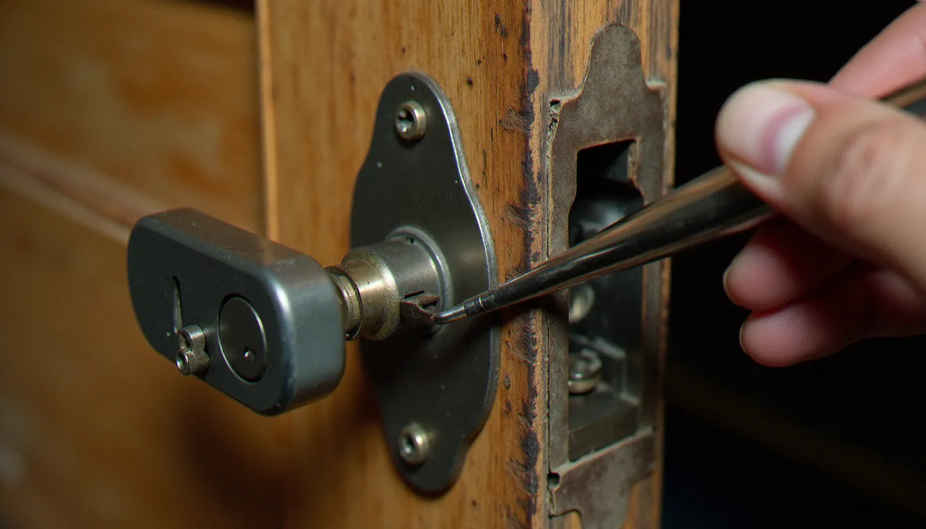 Gros plan sur un crochetage de serrure ancienne avec outils professionnels sur une porte en bois d'un immeuble lyonnais