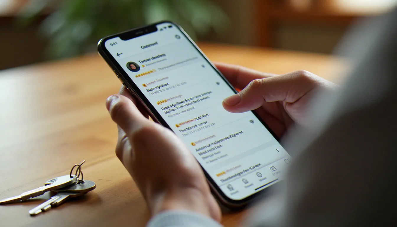 Personne consultant des avis clients sur smartphone pour choisir un serrurier, clés de maison posées sur la table