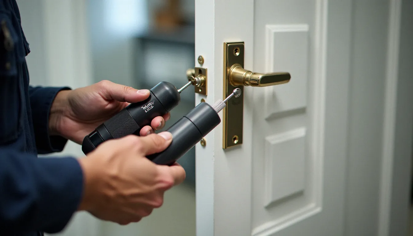 Mains d'un serrurier posant un cylindre haute sécurité sur une porte d'entrée, avec des outils professionnels disposés sur un établi