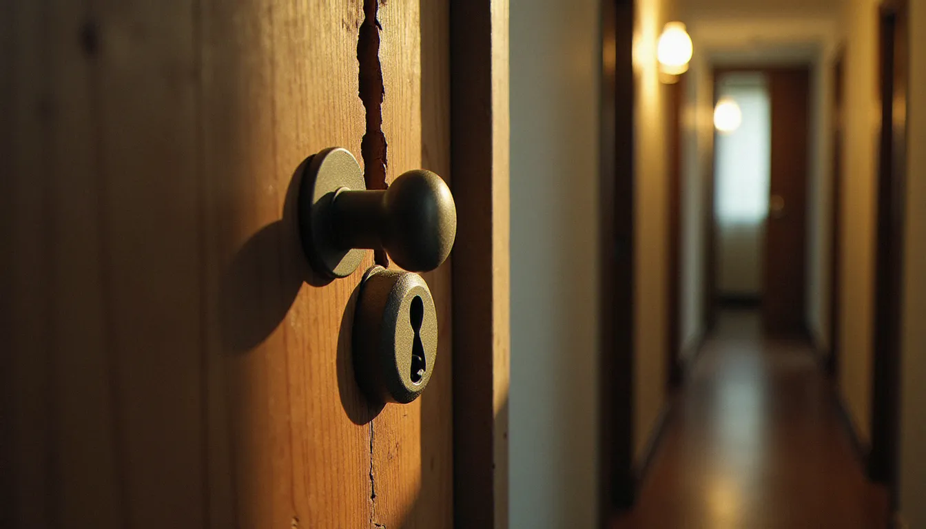 Chambranle de porte endommagé après une tentative d'effraction, serrure forcée et bois fendu visibles, illustrant l'urgence d'une intervention de serrurier