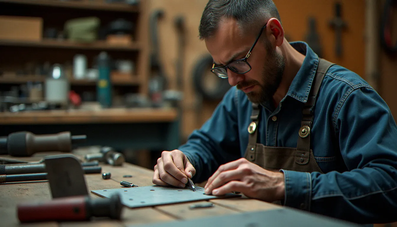 Un artisan serrurier mesurant une plaque de renfort métallique sur son établi, illustrant les compétences techniques précises requises dans le métier de serrurier