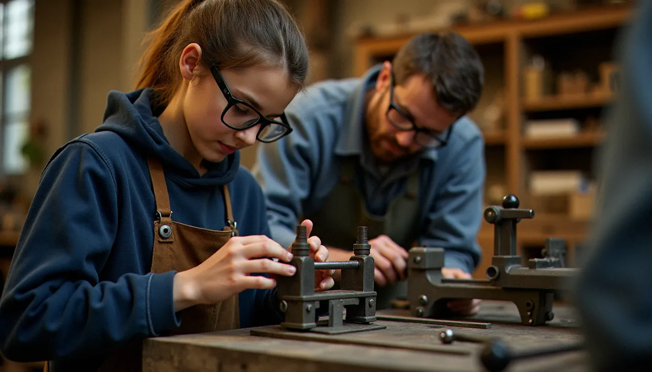 Apprenti serrurier en atelier de formation professionnelle en France, apprenant les techniques de serrurerie sous la supervision d'un formateur expérimenté