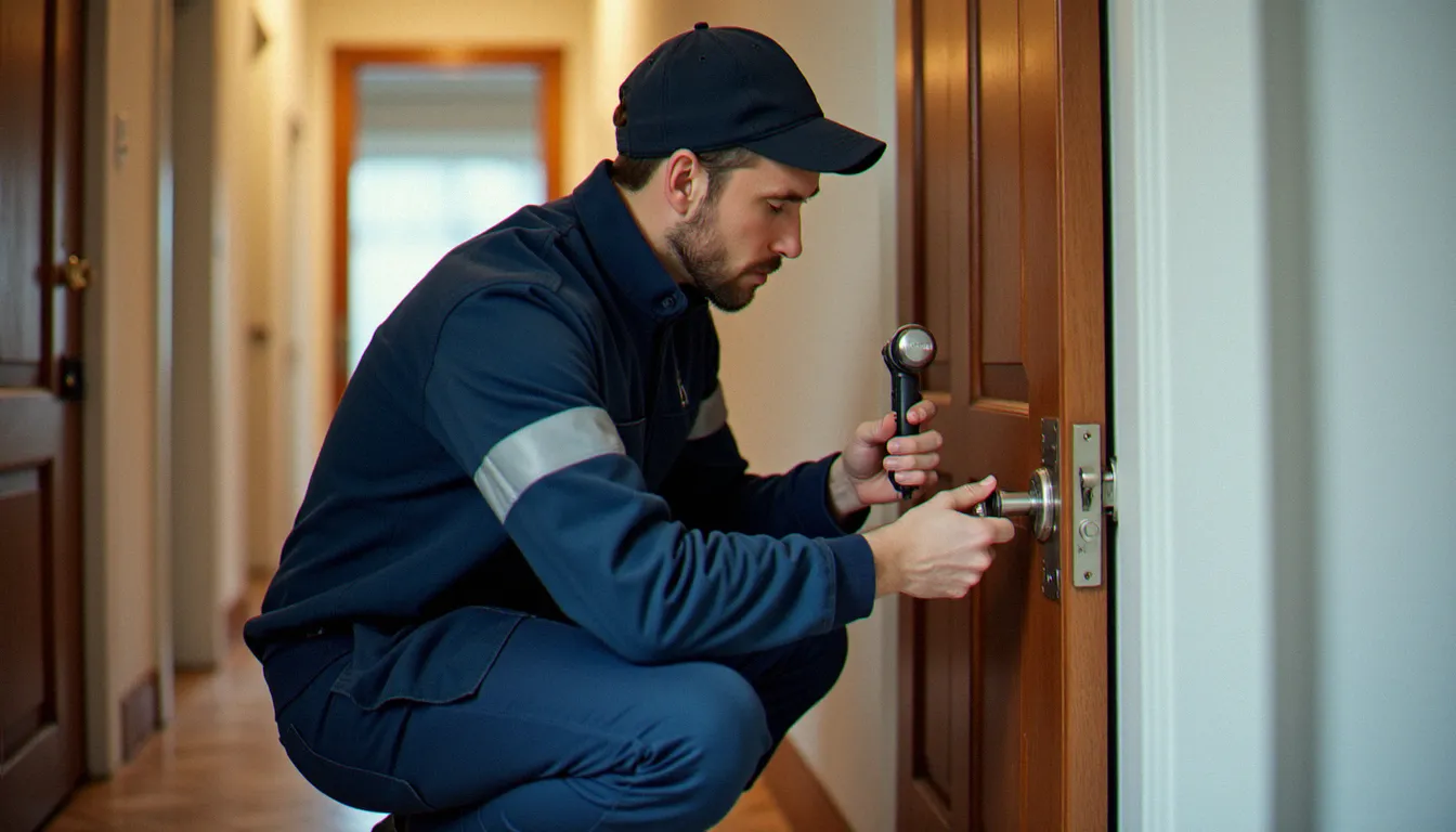 Serrurier professionnel en France au travail sur une serrure de porte d'appartement à Lyon, illustrant le métier de serrurier france travail