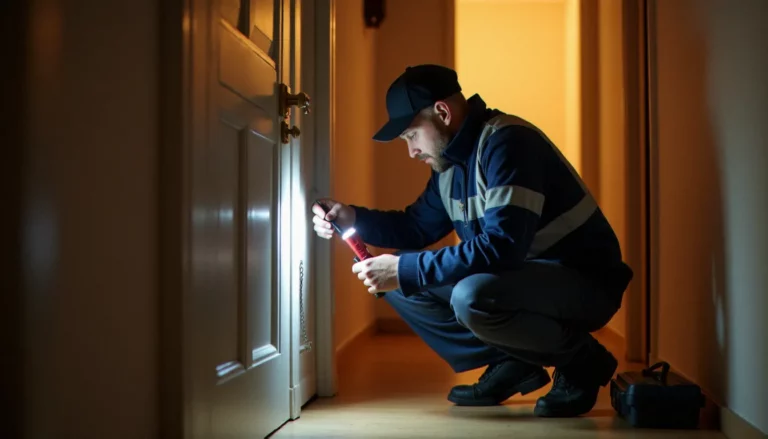 Serrurier professionnel inspectant un cylindre de serrure sur une porte d'appartement à Lyon, illustrant le prix d'une intervention serrurier