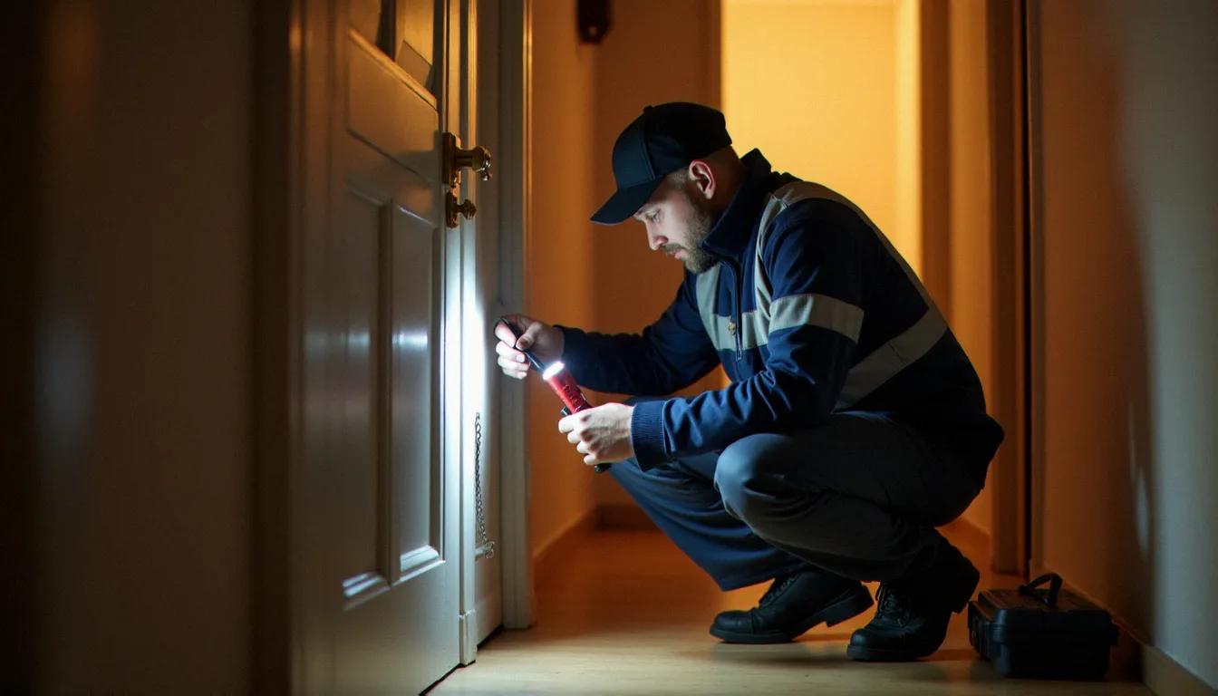 Serrurier professionnel inspectant un cylindre de serrure sur une porte d'appartement à Lyon, illustrant le prix d'une intervention serrurier