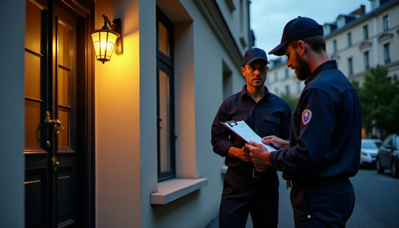 Serrurier remettant un devis à un client devant l'entrée d'un immeuble résidentiel à Lyon en soirée, illustrant la transparence tarifaire dans l'activité de serrurerie