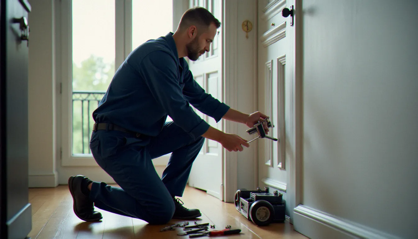 Serrurier professionnel installant un cylindre de serrure multipoints sur une porte d'appartement à Lyon, illustrant le métier de serrurier dans son activité quotidienne
