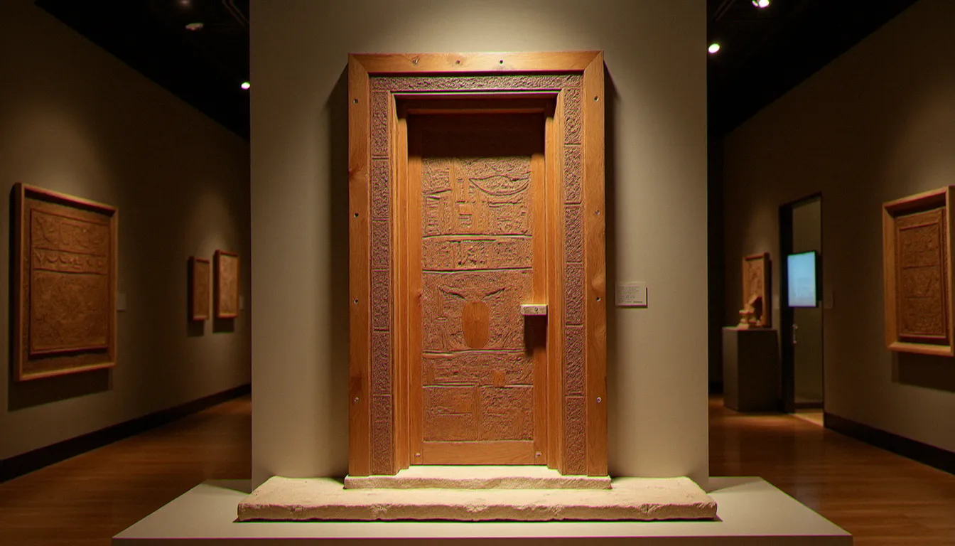 Reconstitution d'une porte ancienne en bois de cèdre avec pivot en pierre, représentant l'histoire de la porte dans l'architecture des premières civilisations