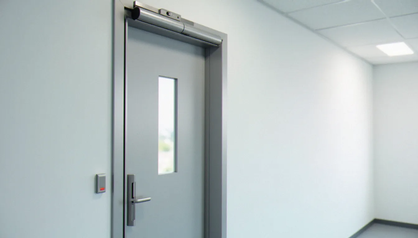 Porte coupe-feu certifiée EI 30 installée dans un couloir de bâtiment moderne avec joint intumescent visible et ferme-porte hydraulique, illustrant les normes de sécurité incendie applicables aux portes en architecture
