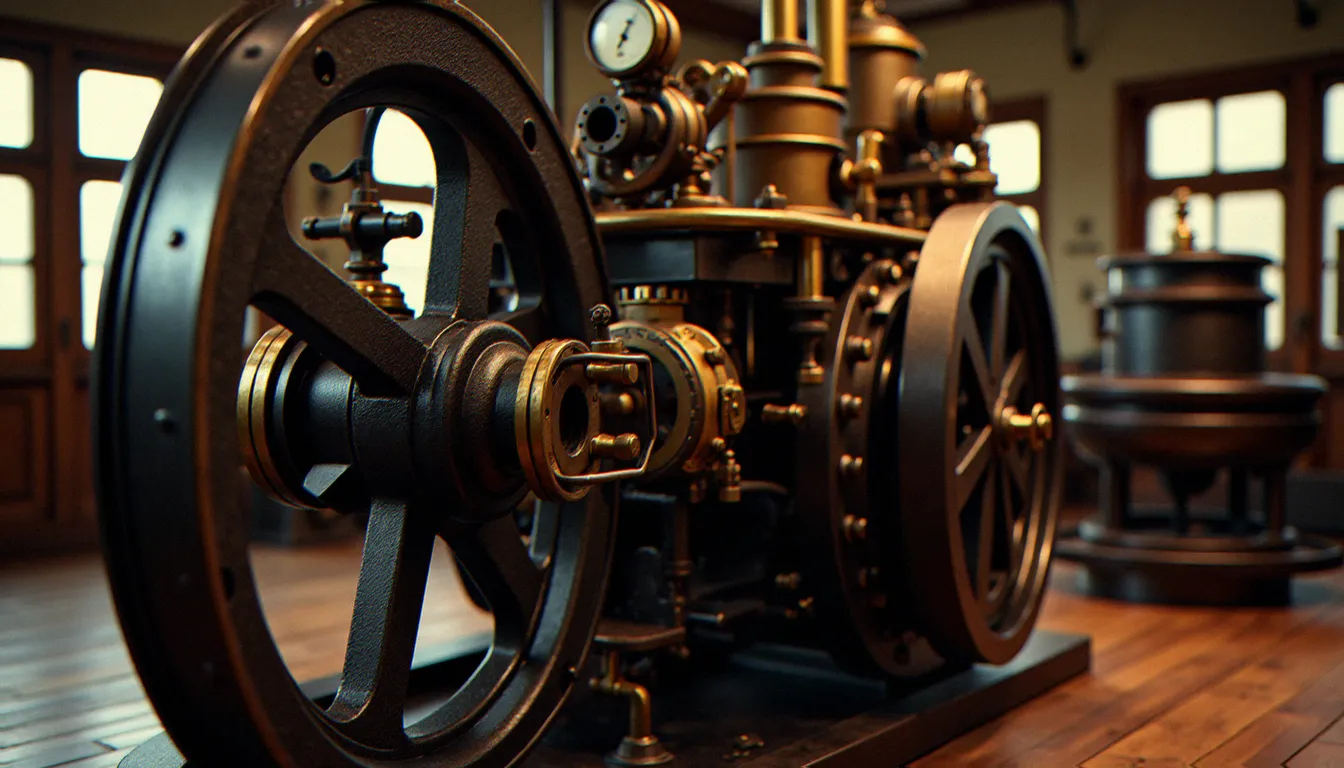 Machine à vapeur en fonte et laiton datant de la première révolution industrielle, exposée dans un musée industriel