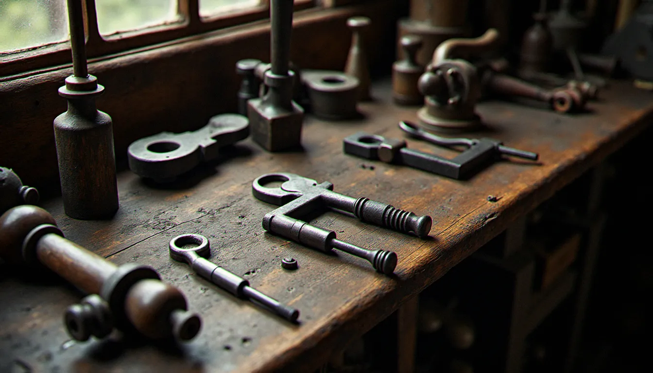 Atelier de serrurier du XIXe siècle avec mécanismes de serrures forgés à la main sur un établi en bois, outils d'époque disposés autour