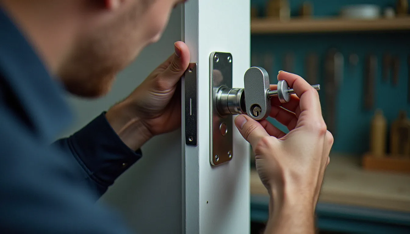 Main d'un serrurier ouvrant une serrure à cylindre avec des outils professionnels