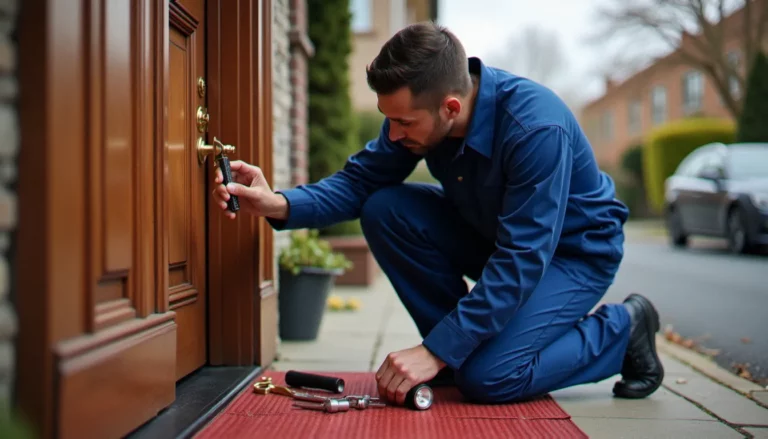 Serrurier France intervenant sur une porte d'entrée résidentielle avec outils professionnels