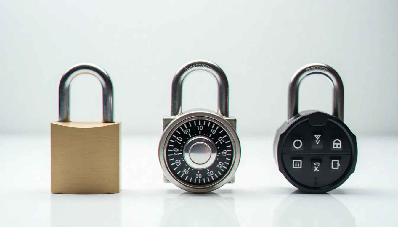 Trois types différents de cadenas côte à côte : à clé, à code et électronique