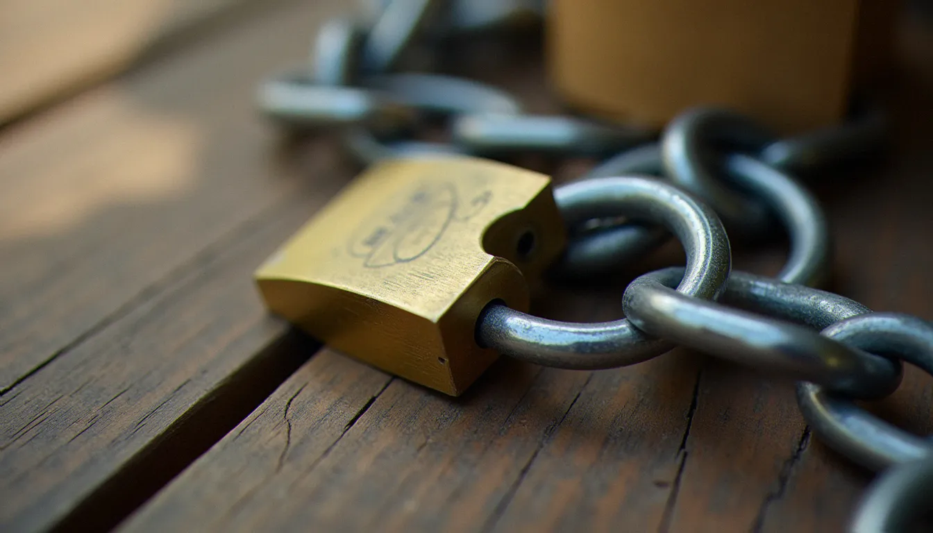Cadenas en laiton et acier fixé à une chaîne métallique robuste sur une surface en bois